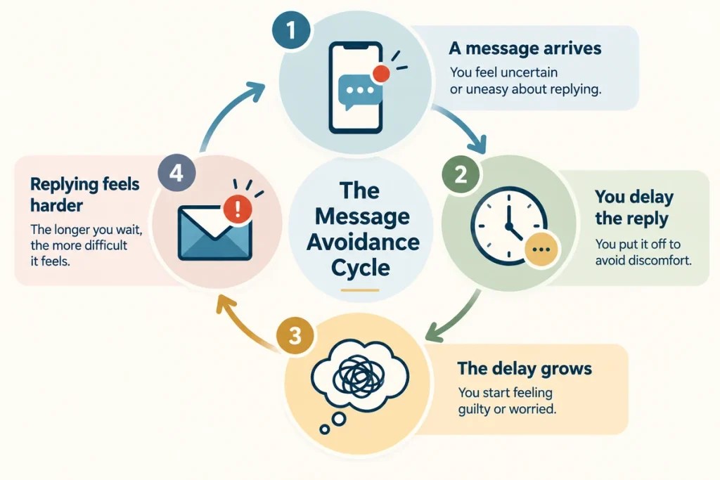 The message avoidance cycle showing how delaying replies leads to guilt, worry and greater difficulty responding.
