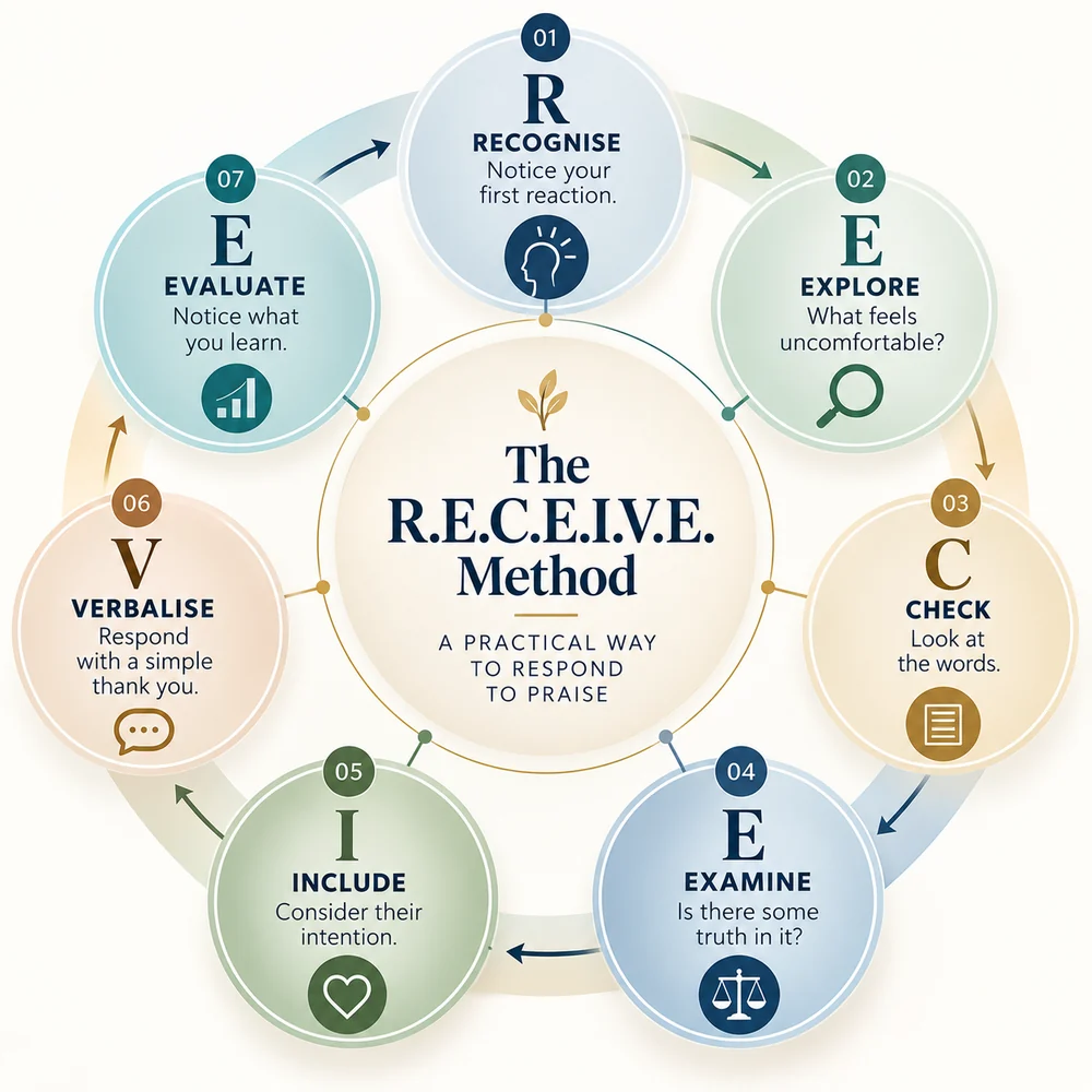 Infographic explaining seven steps of the R.E.C.E.I.V.E. Method for responding to compliments.