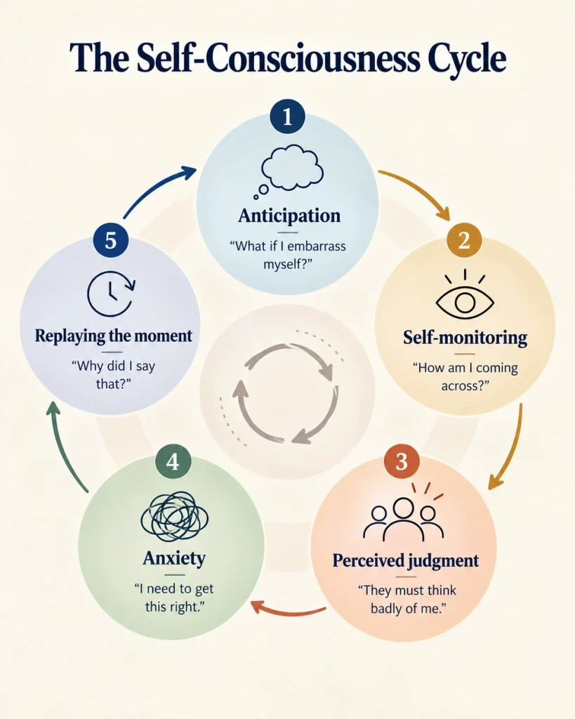 Infographic illustrating five stages of the self-consciousness cycle, from anticipating embarrassment to replaying a social interaction.