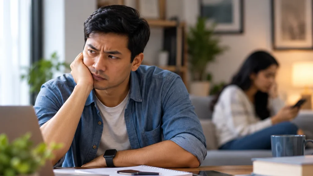 Man experiencing self-doubt, anger and frustration during a difficult moment at home