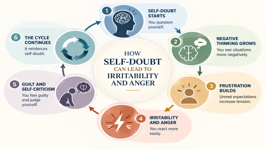 Infographic showing how self-doubt and negative thinking can contribute to irritability, anger and self-criticism.