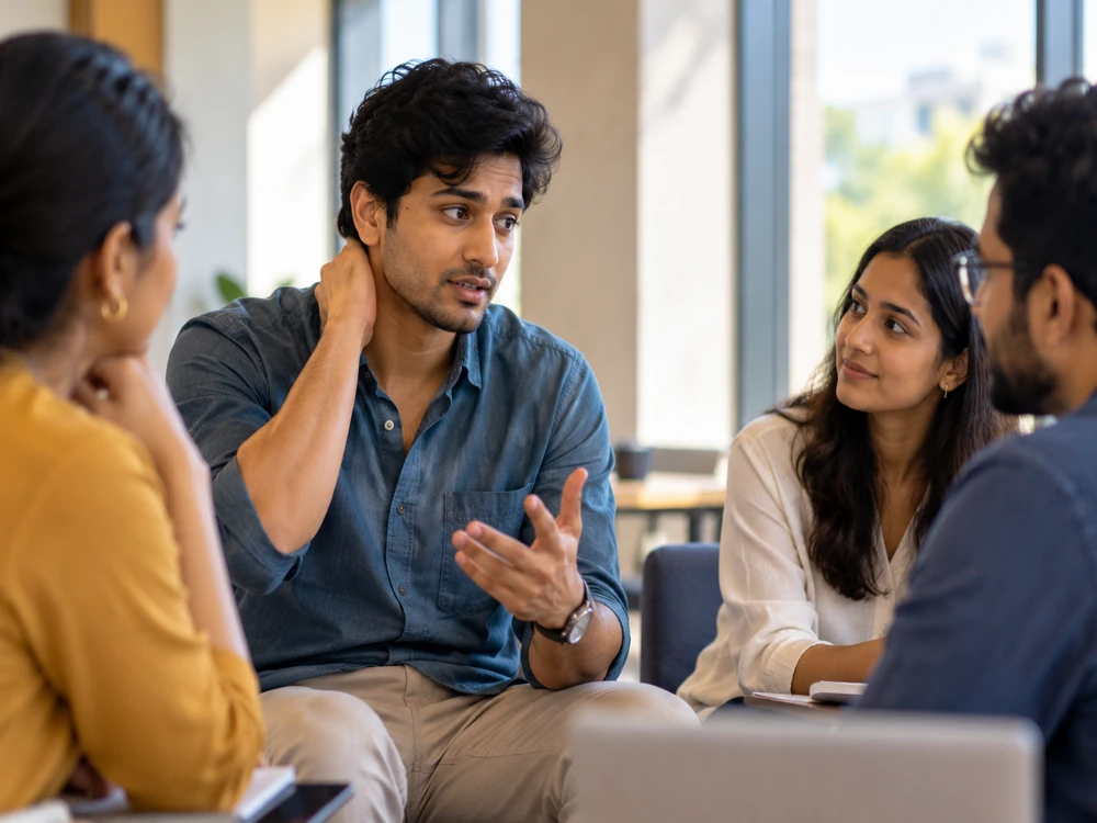 A person becoming self-conscious while speaking during a group discussion.