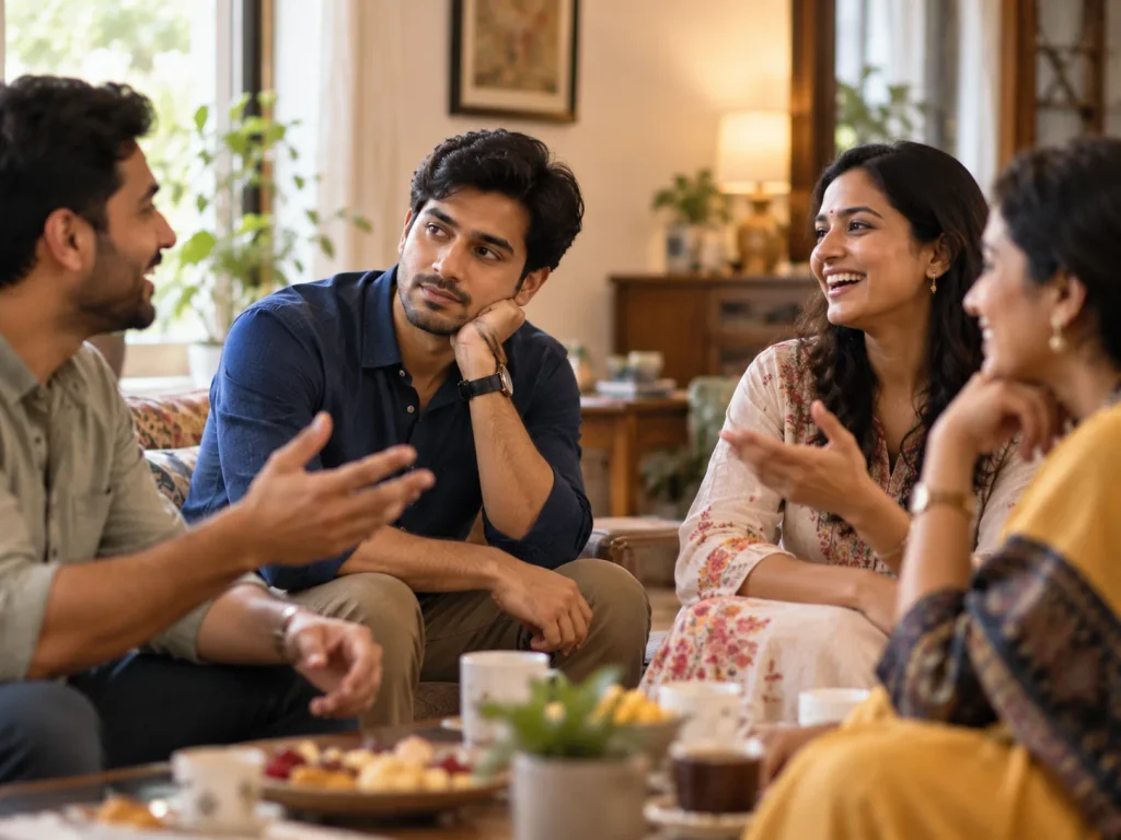 Social comparison and self-doubt: a man appears withdrawn while others enjoy a group conversation.