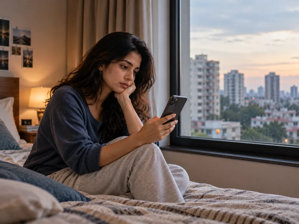 Woman looking at her phone with a pensive expression, illustrating how social comparison on social media can contribute to self-doubt.