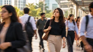 Why do I feel behind in life? A woman walking through a busy crowd, illustrating everyday social comparison.