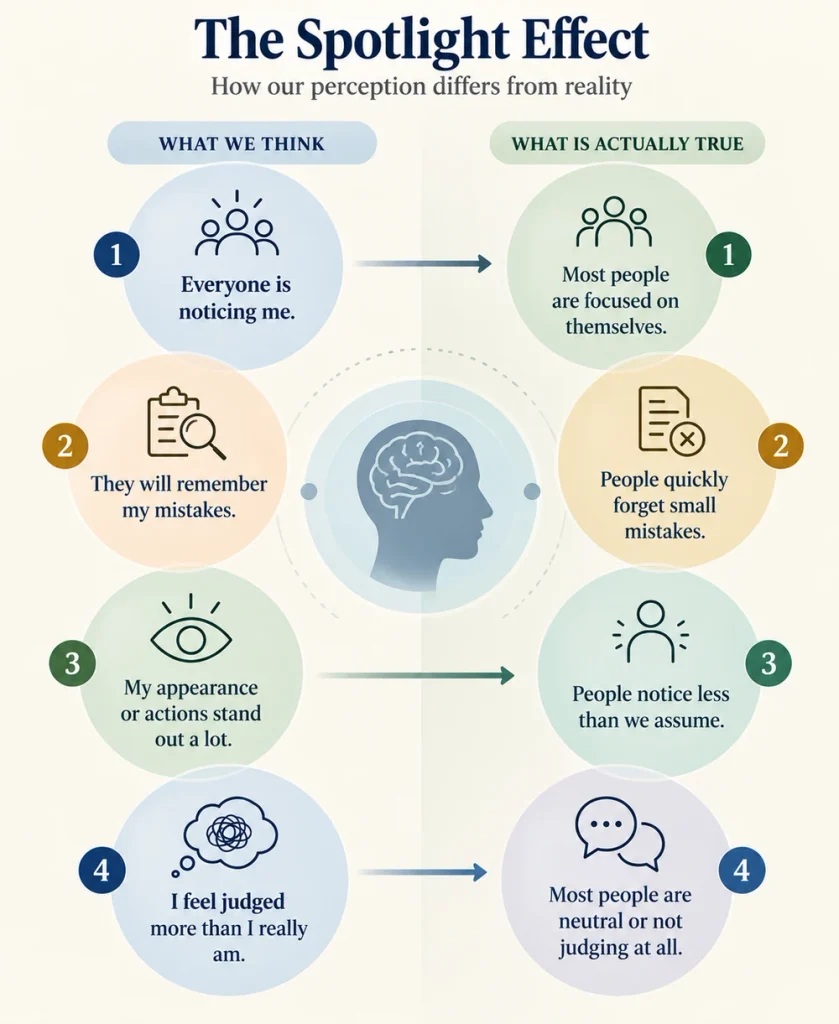 Infographic comparing common spotlight-effect assumptions with more balanced interpretations of how much others notice us.