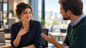 Two colleagues share a conversation as one responds thoughtfully to a compliment.