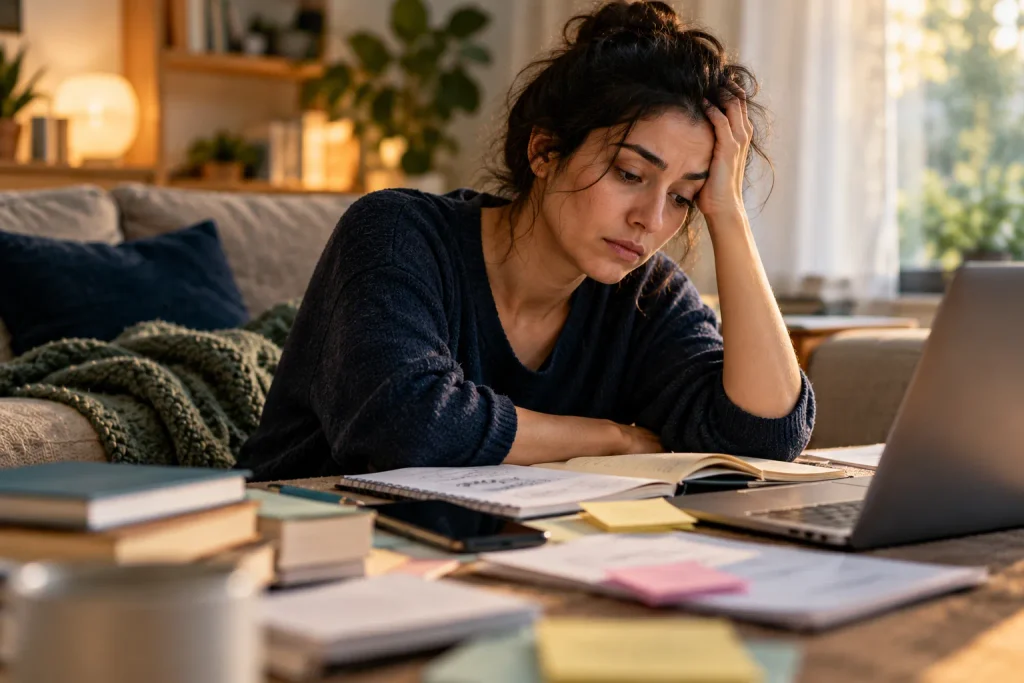 A tired woman feeling mentally exhausted while facing unfinished tasks, notes and a laptop. A silent question inside: Why do I feel mentally exhausted?
