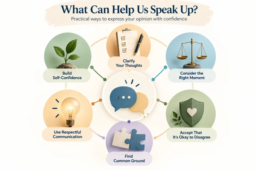 Infographic showing practical ways to express a different opinion with confidence and respect