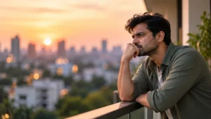 Why am I so irritable? Man reflecting on self-doubt, anger and frustration on a balcony