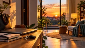 A closed laptop and work materials in the foreground, with a warmly lit living room at sunset, illustrating the challenge of mentally switching off after work.