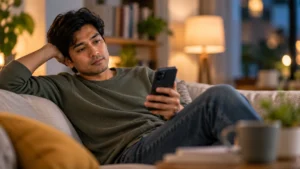 “Why do I avoid replying to messages? A man sitting on a sofa looking at his phone while putting off a reply.”