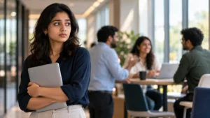 A girl feeling self-conscious while people nearby continue their conversations. She asks herself, 'Why do I feel like everyone is watching me?