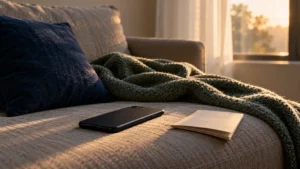 A smartphone kept beside a blank notebook on a sofa in soft evening light, representing the need for mental rest.