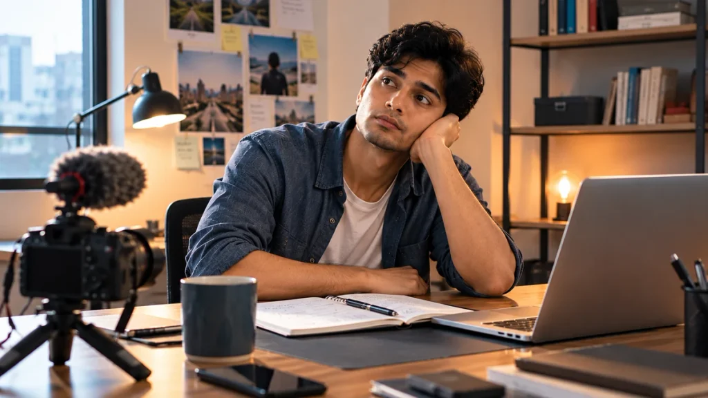 Young male content creator reflecting on his unfinished work, illustrating why do I lose interest in things so quickly even when I genuinely want to continue.