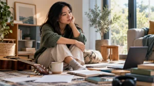 A woman reflecting beside unfinished hobbies, illustrating the experience behind why do I lose interest in things so quickly.