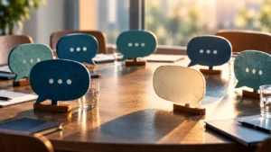 An empty speech bubble among others in a meeting room, illustrating why I stay silent when I disagree and the psychology of social conformity.