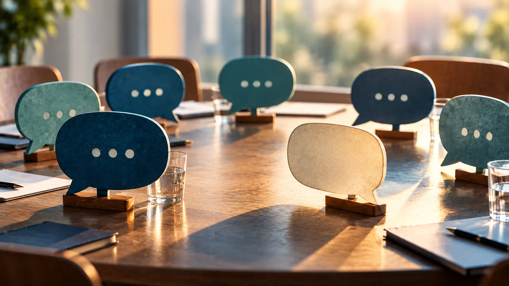 An empty speech bubble among others in a meeting room, illustrating why I stay silent when I disagree and the psychology of social conformity.