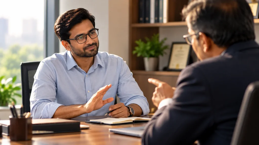 A man politely expressing a different opinion to his boss, illustrating why do I stay silent when I disagree and the psychology of social conformity.