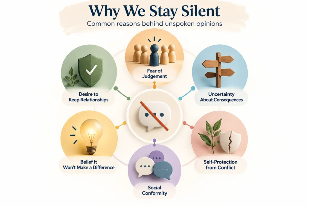 Infographic explaining why do I stay silent when I disagree, highlighting fear of judgement, social conformity, self-protection and uncertainty about consequences.