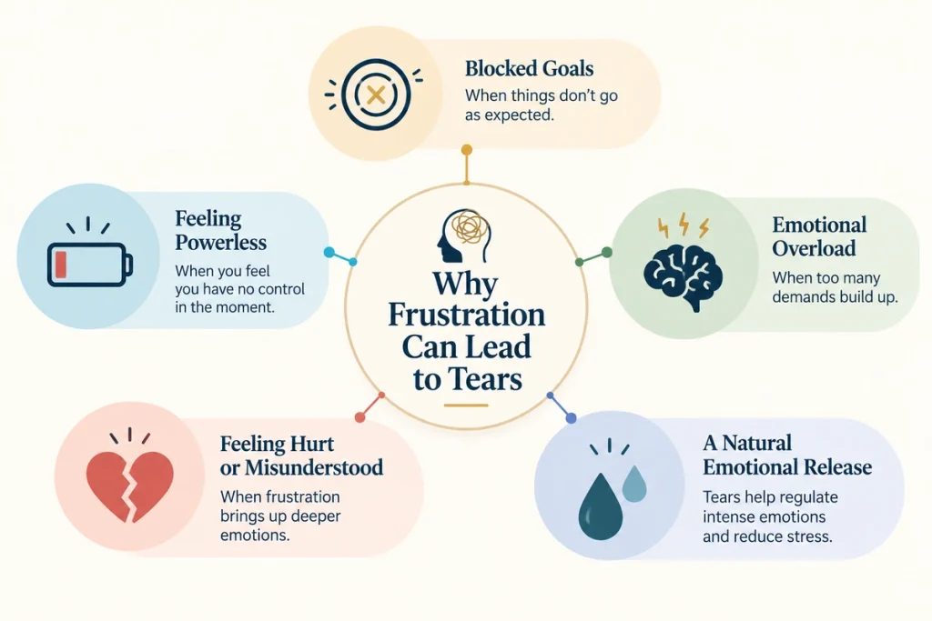 Infographic explaining the question, "Why do I get frustrated easily and cry?" including blocked goals, emotional overload, powerlessness, and feeling misunderstood.