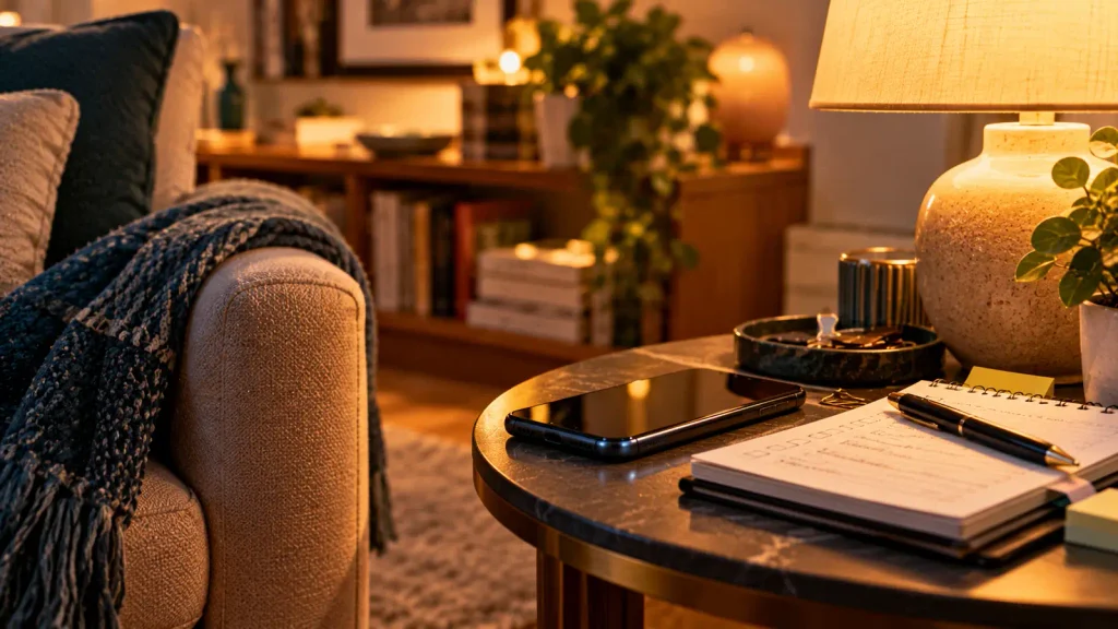 A smartphone beside unfinished notes on a living-room side table under a warm lamp, illustrating how work thoughts can intrude on personal time.